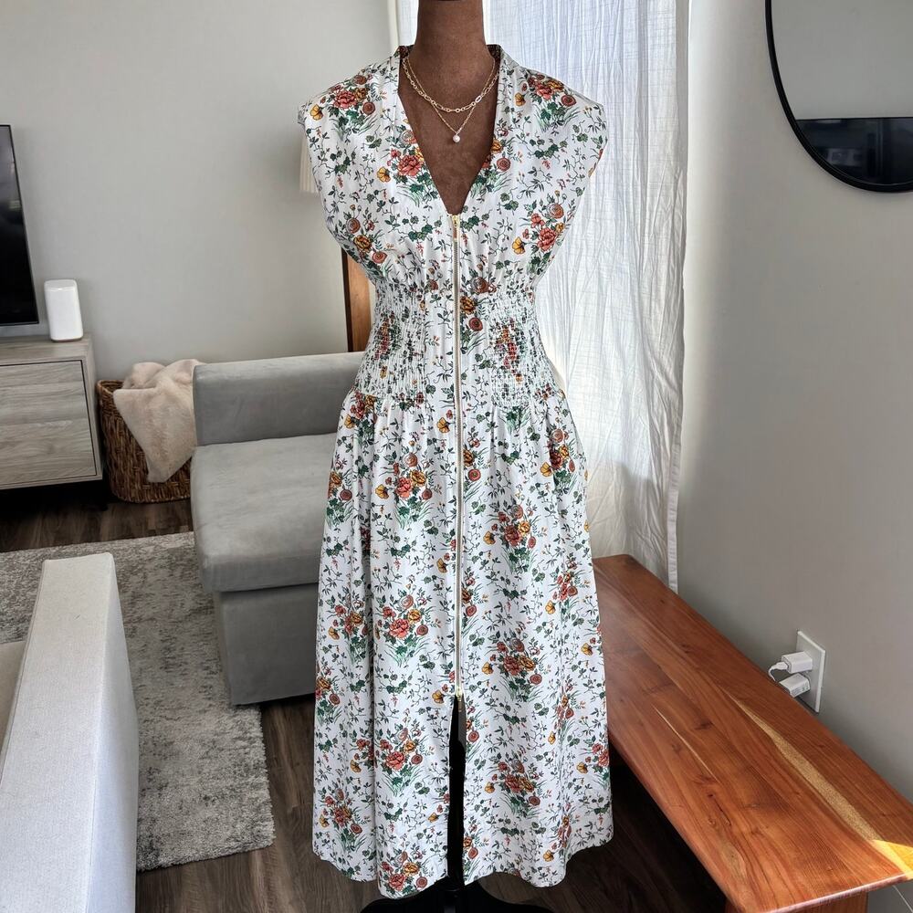 Anthropologie Tommie Cream Floral Print Smocked Zip Midi Shirt Dress Cottage L